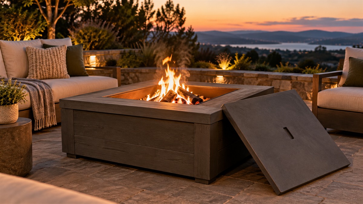 A wood burning fire pit table with its lid set beside it on a backyard patio at dusk.