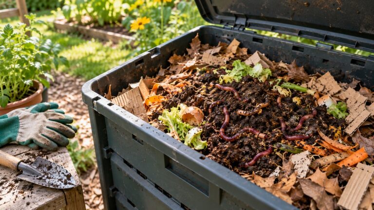 Healthy compost worms appear among rich compost and kitchen scraps in a backyard bin.