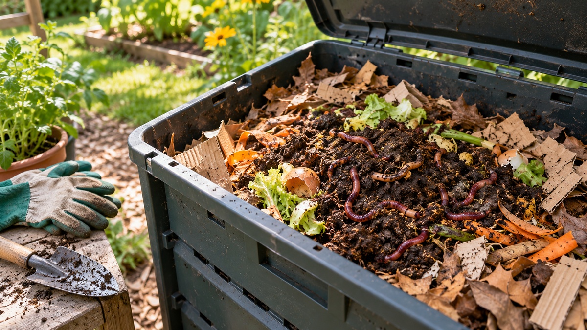 Healthy compost worms appear among rich compost and kitchen scraps in a backyard bin.