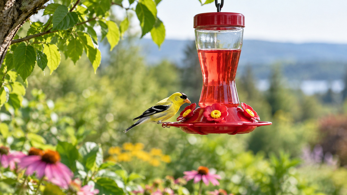 A clear outdoor scene showing the compared yellow bird at hummingbird feeder options beside the setup they are meant to serve.
