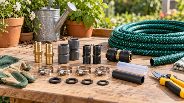 Expandable garden hose repair connectors and tools arranged on an outdoor workbench.