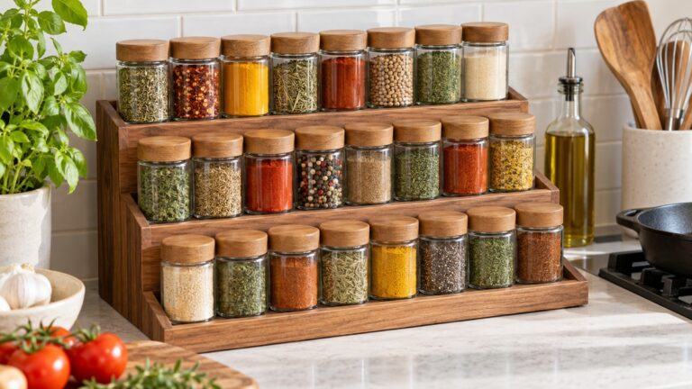 Three-tier wood rack displaying clear jars of colorful spices