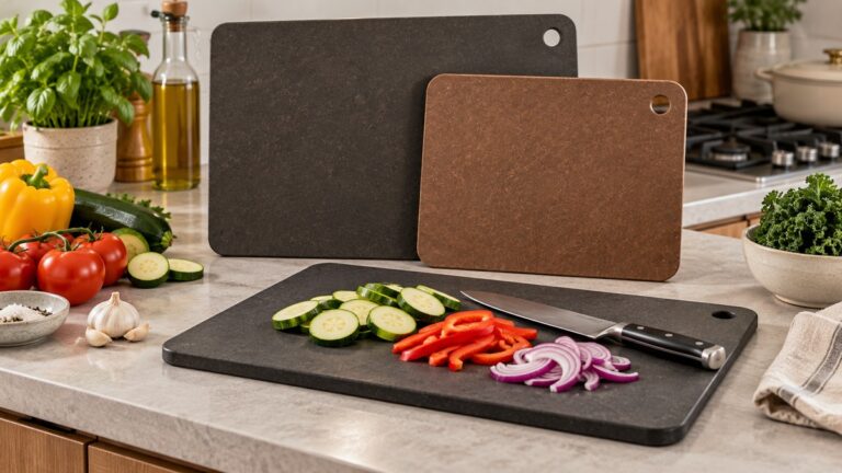 Wood-fiber cutting board set with prepared vegetables in a home kitchen