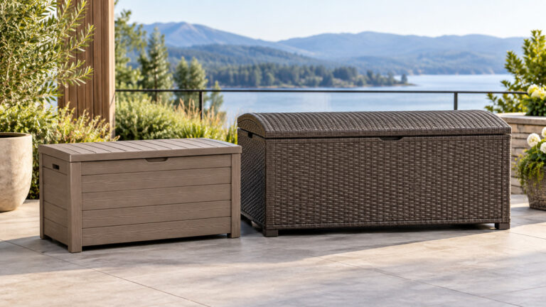 Side-by-side view of the Keter and ATMELT deck boxes products on a neutral background, emphasizing visible differences in size and configuration.