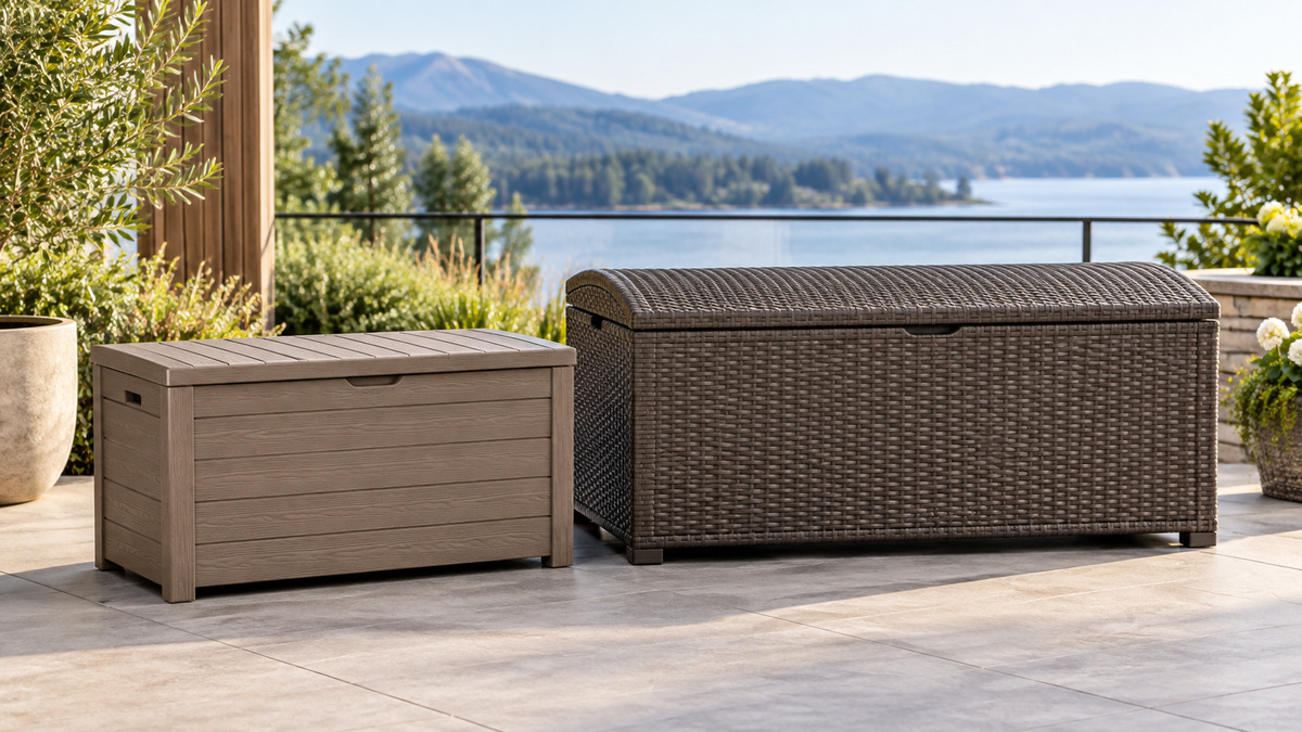 Side-by-side view of the Keter and ATMELT deck boxes products on a neutral background, emphasizing visible differences in size and configuration.