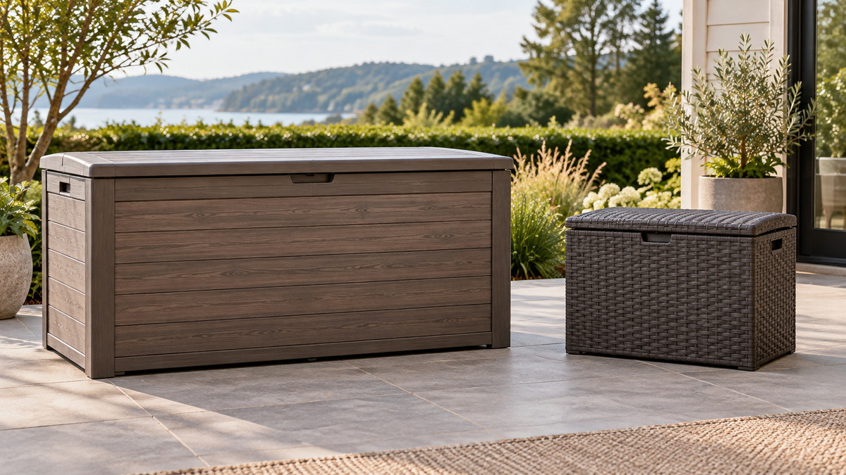 A large wood-look deck box beside a compact woven-texture patio storage box.