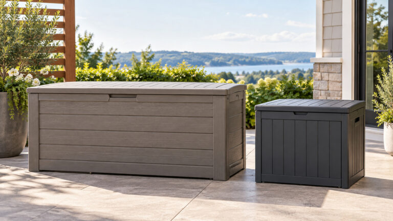 Two generic outdoor deck storage boxes in different sizes on a patio.