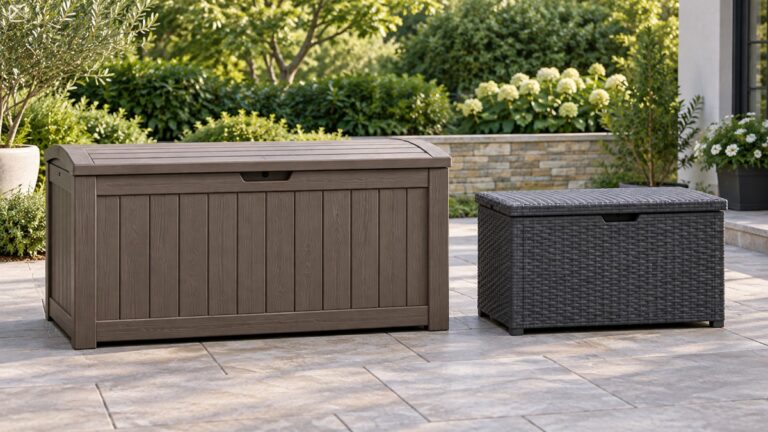 Side-by-side view of the Keter and NBYSGO deck boxes products on a neutral background, emphasizing visible differences in size and configuration.
