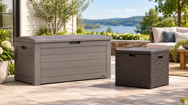 Two outdoor deck storage boxes in different sizes on a patio.