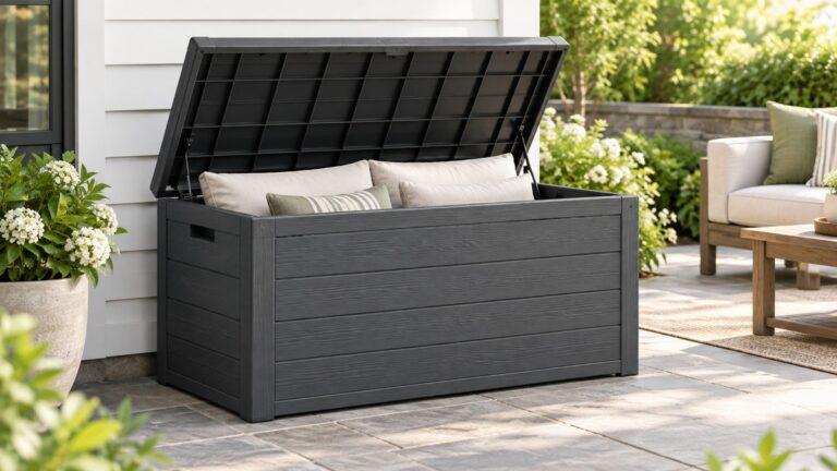 Editorial comparison scene for devoko devoko 30 gallon resin deck box waterproof outdoor storage b.