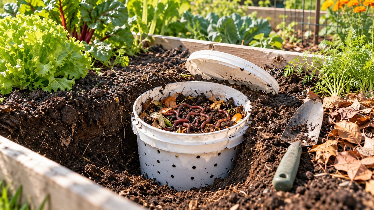 A perforated in-ground worm composting bucket sits open in a sunny raised garden bed.
