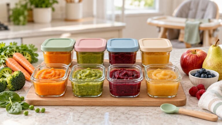 Portioned homemade purees in small glass baby-food containers