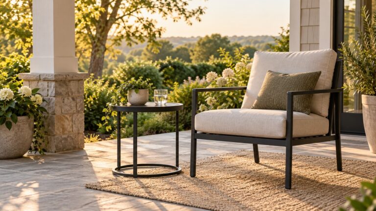 A small round black metal side table beside a patio chair on a covered porch in late afternoon light.