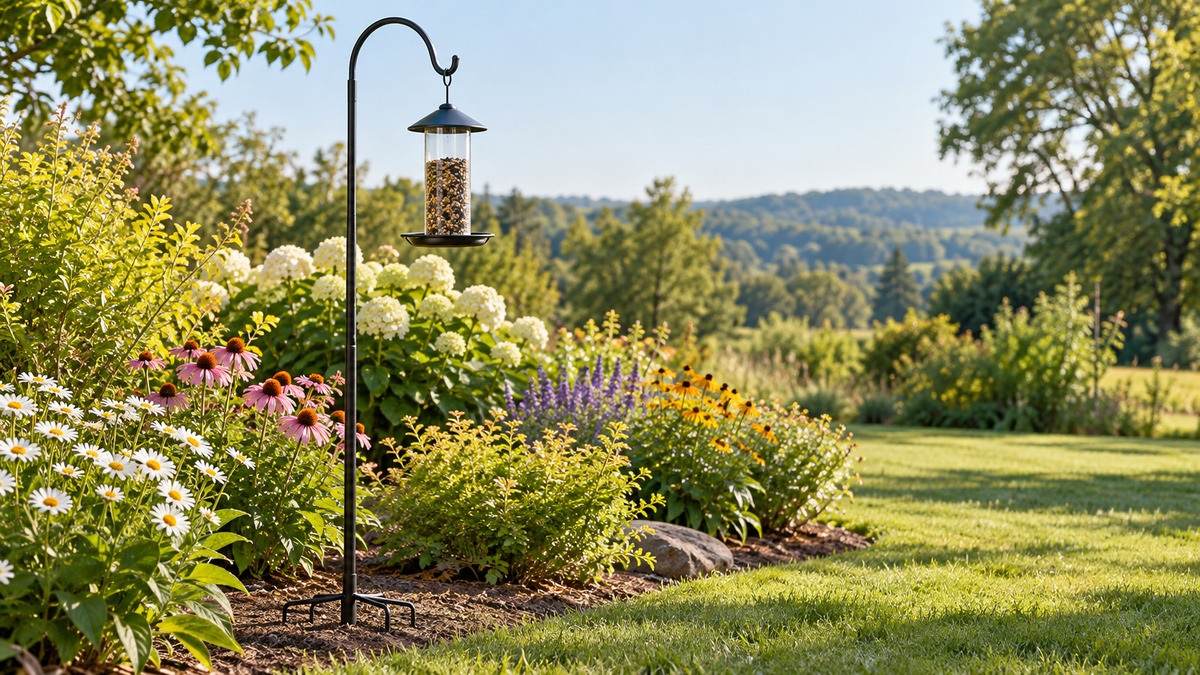 A black powder-coated steel shepherd's hook pole with a five-prong base, standing in a garden bed with a hanging bird feeder on the hook.