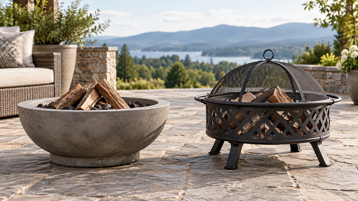 Two generic outdoor fire pit designs arranged side by side on a stone patio.