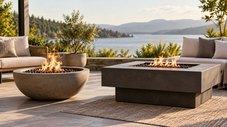 Side-by-side view of the HGD and Shintenchi fire pits & outdoor fireplaces products on a neutral background, emphasizing visible differences in size and configuration.