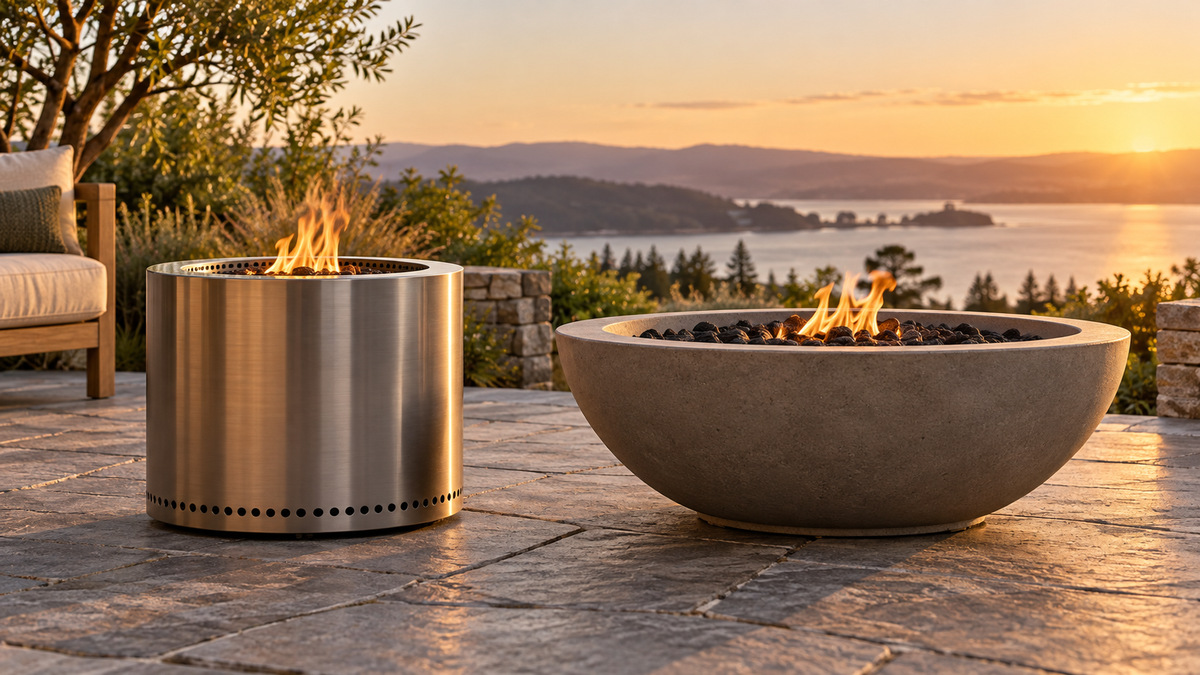 A clean editorial comparison scene showing generic fire pits outdoor fireplaces hgd and solo stove options side by side.