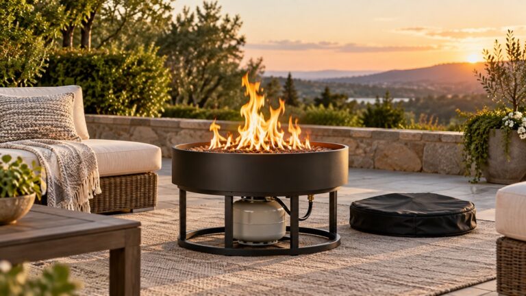 A round black 24-inch propane fire pit with a flame over its enamel bowl, set on a patio with a cover folded beside it and a propane tank connected below the stand.