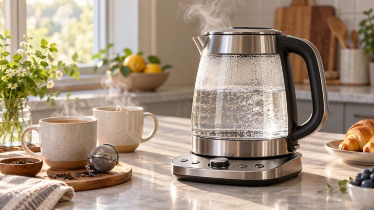 Glass electric kettle keeping water hot beside two tea mugs