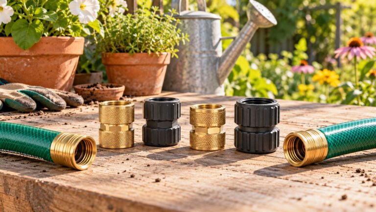 Female-to-female garden hose couplers are compared on a sunny potting bench.