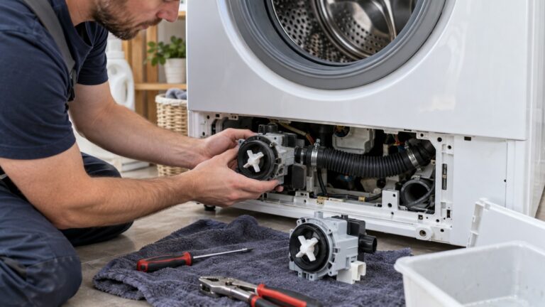 Technician replacing a washing machine drain pump through the lower service panel
