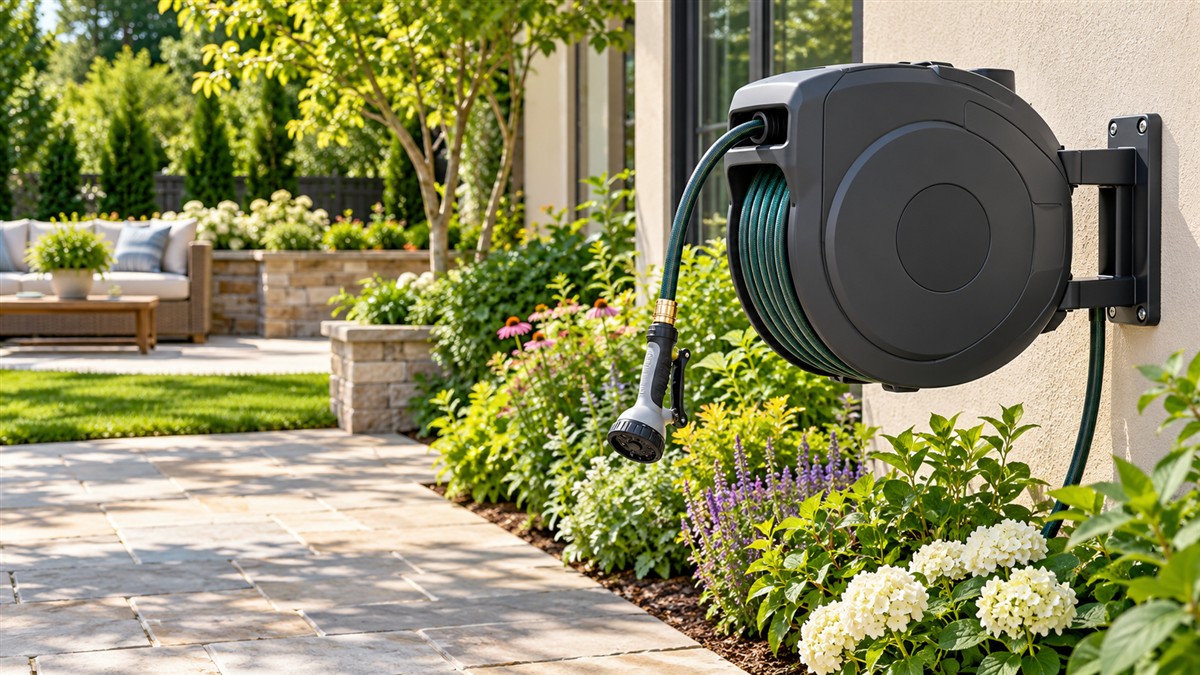 A wall-mounted hose reel holding a 65 foot hose, shown beside a garden bed on a sunny patio.