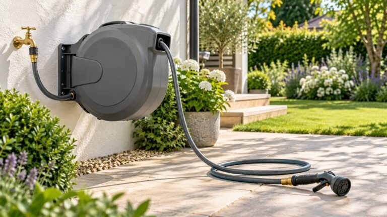 A grey wall-mounted retractable hose reel with its hose partly wound out, the brass fitting and a black nozzle at the end, beside a garden tap.