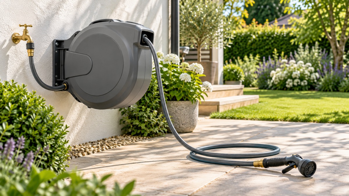 A grey wall-mounted retractable hose reel with its hose partly wound out, the brass fitting and a black nozzle at the end, beside a garden tap.