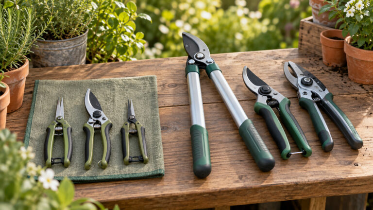 Compact precision pruning tools beside a larger ergonomic pruning and lopper set.