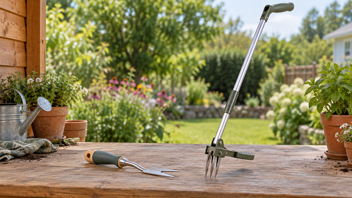 A short hand weeder and a long stand-up weeder on a potting bench.
