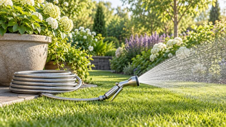 A silver metal garden hose coiled beside a planter, with its metal nozzle resting on the lawn and water spraying in a fine pattern.