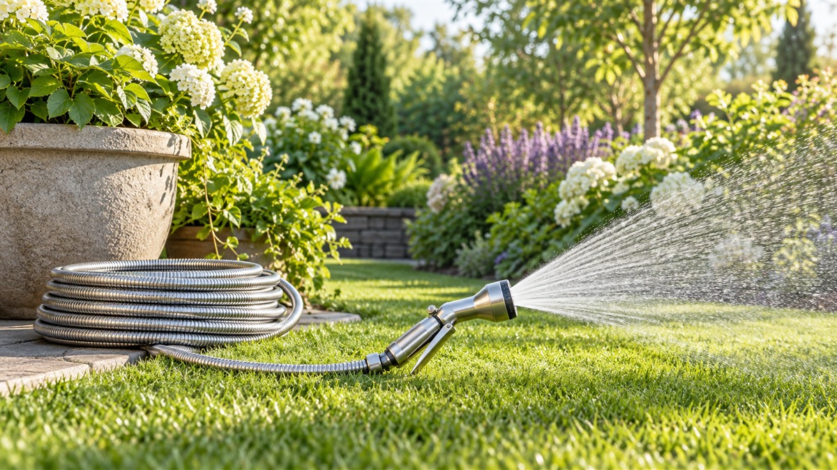 A silver metal garden hose coiled beside a planter, with its metal nozzle resting on the lawn and water spraying in a fine pattern.