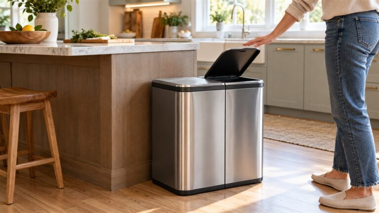 Touchless dual-compartment trash can in a bright modern kitchen