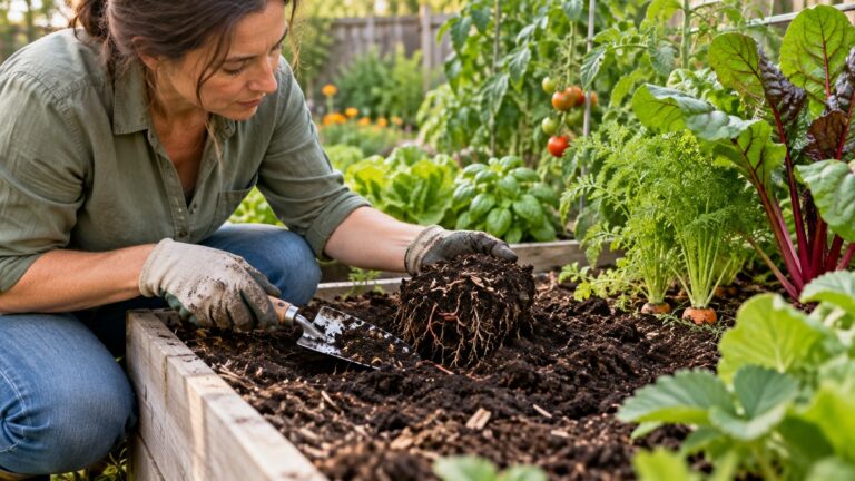 Inspecting soil and plant roots in a mature raised garden bed