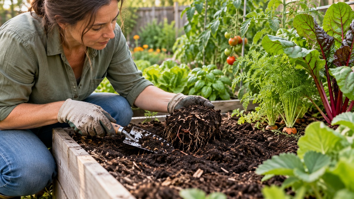 Inspecting soil and plant roots in a mature raised garden bed