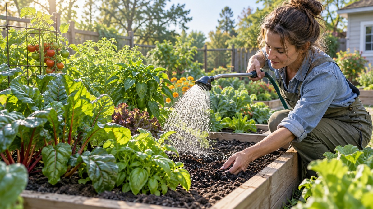 Watering vegetables and checking moist soil in a raised garden bed