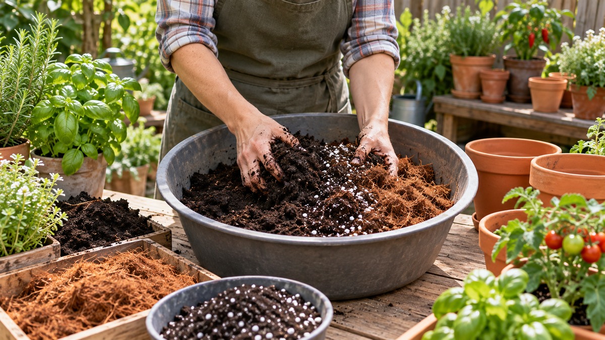 Mixing compost and amendments into soil for container plants