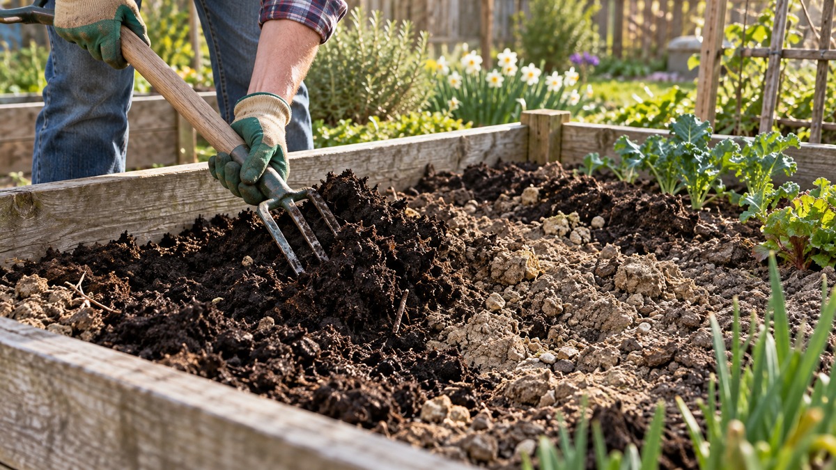 Mixing rich compost into old soil in a raised garden bed