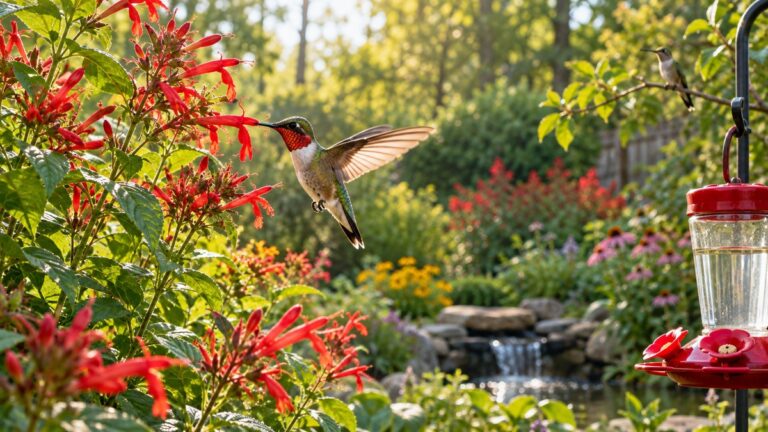 Hummingbird visiting red tubular flowers in a backyard garden