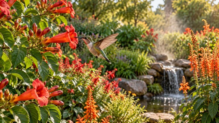 Hummingbird feeding from trumpet flowers in a feeder-free garden