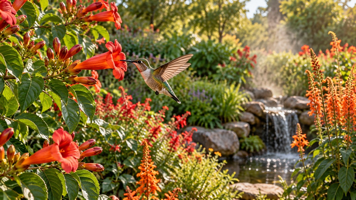 Hummingbird feeding from trumpet flowers in a feeder-free garden