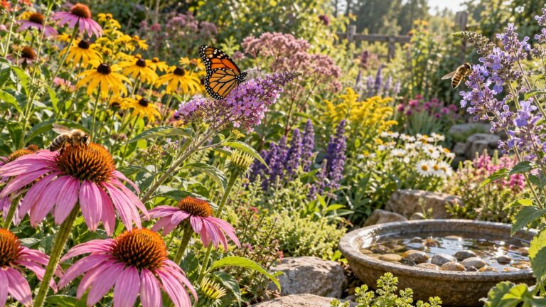 Butterfly and bees visiting native flowers in a pollinator garden