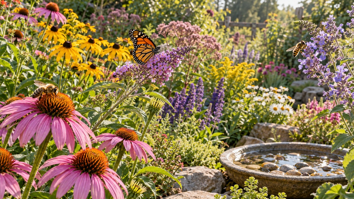Butterfly and bees visiting native flowers in a pollinator garden