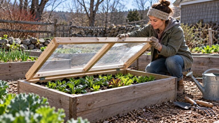 Fitting a transparent wooden cold frame over a raised garden bed