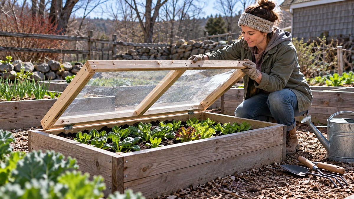 Fitting a transparent wooden cold frame over a raised garden bed