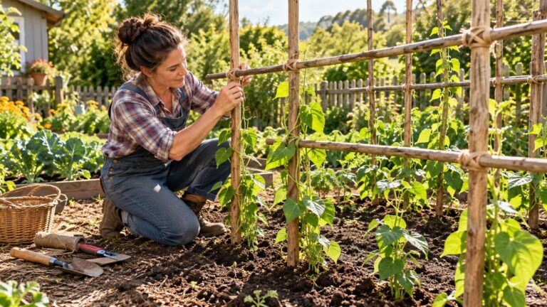 Building a natural wooden trellis for climbing bean plants