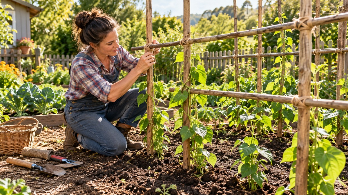 Building a natural wooden trellis for climbing bean plants