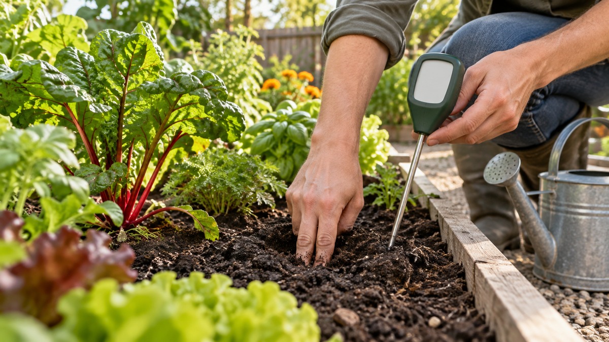 Checking garden soil moisture by touch before watering