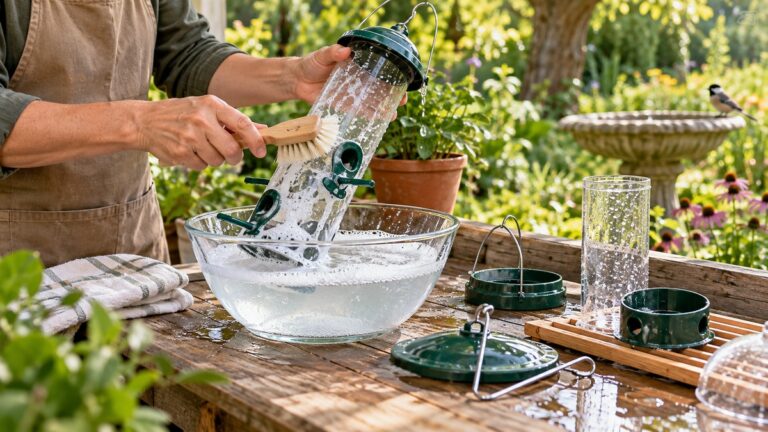 Cleaning a backyard bird feeder with a brush and soapy water