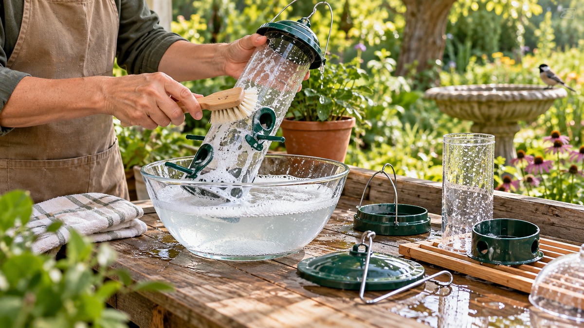 Cleaning a backyard bird feeder with a brush and soapy water